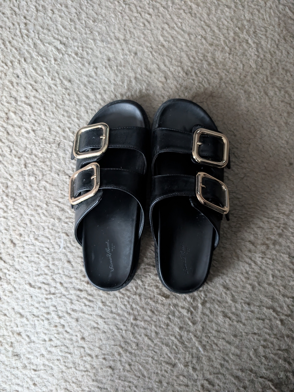 Universal Thread Black Sandal Slides with Gold Buckles